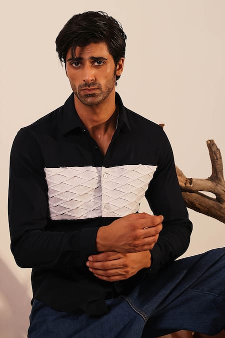 Buy_Abkasa_Black Cotton Satin Piping Pintuck Front Panel Shirt _Online_at_Aza_Fashions