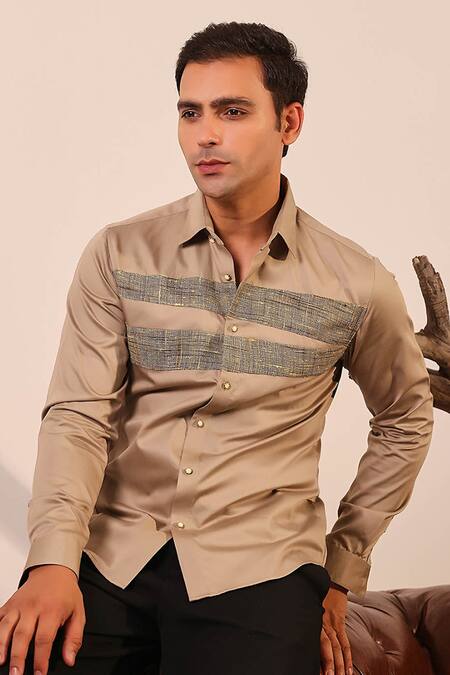 Abkasa_Brown Cotton Satin Front Textured Shirt _Online_at_Aza_Fashions