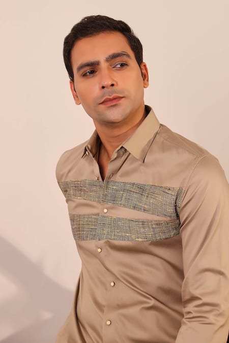 Buy_Abkasa_Brown Cotton Satin Front Textured Shirt _Online_at_Aza_Fashions