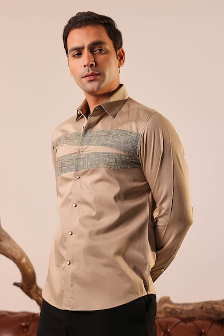 Shop_Abkasa_Brown Cotton Satin Front Textured Shirt _Online_at_Aza_Fashions