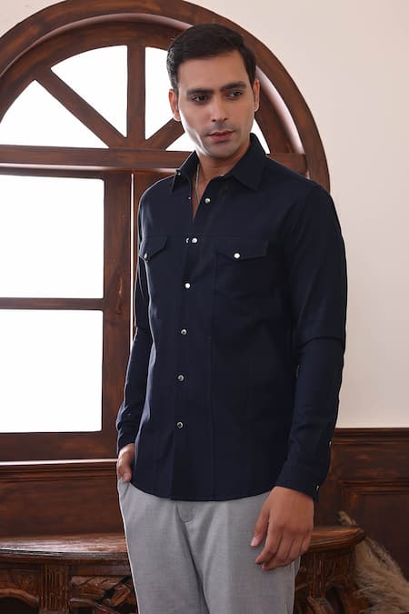 Abkasa_Blue Cotton Satin Navy Front Flap Shirt _Online_at_Aza_Fashions