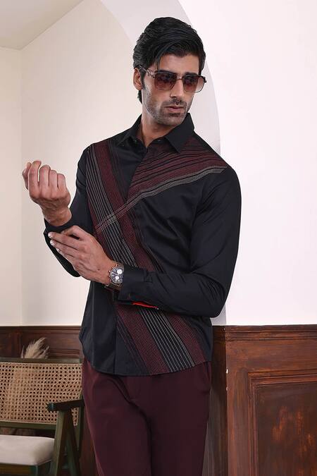 Abkasa_Black Cotton Satin Embroidery Thread Shirt _Online_at_Aza_Fashions