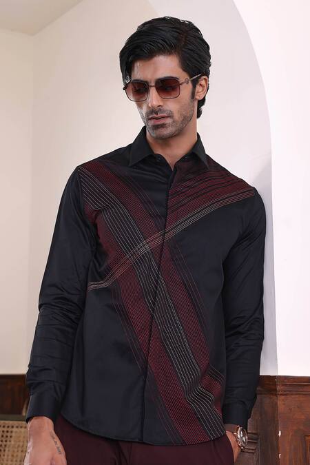Buy_Abkasa_Black Cotton Satin Embroidery Thread Shirt _Online_at_Aza_Fashions
