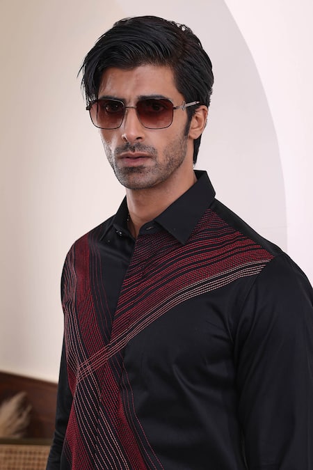 Shop_Abkasa_Black Cotton Satin Embroidery Thread Shirt _Online_at_Aza_Fashions