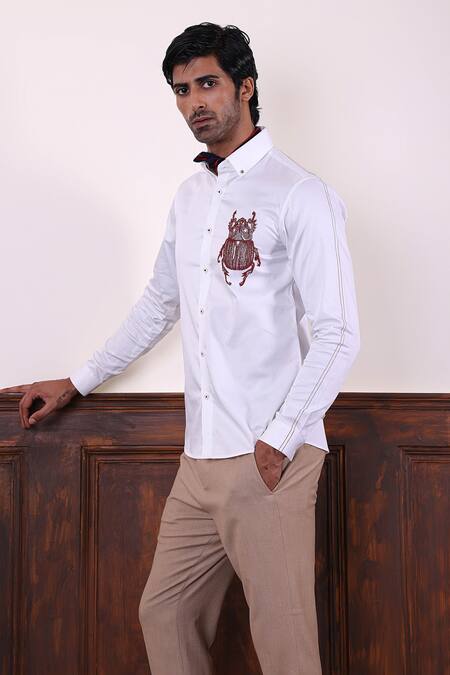 Abkasa_White Cotton Satin Embroidery Beetle Shirt _Online_at_Aza_Fashions
