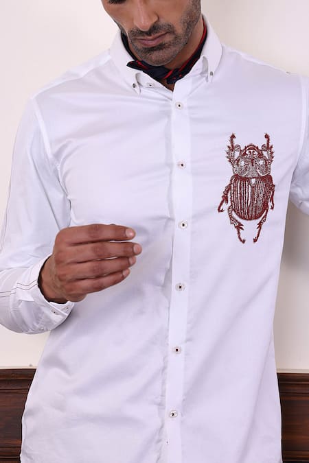 Buy_Abkasa_White Cotton Satin Embroidery Beetle Shirt _Online_at_Aza_Fashions