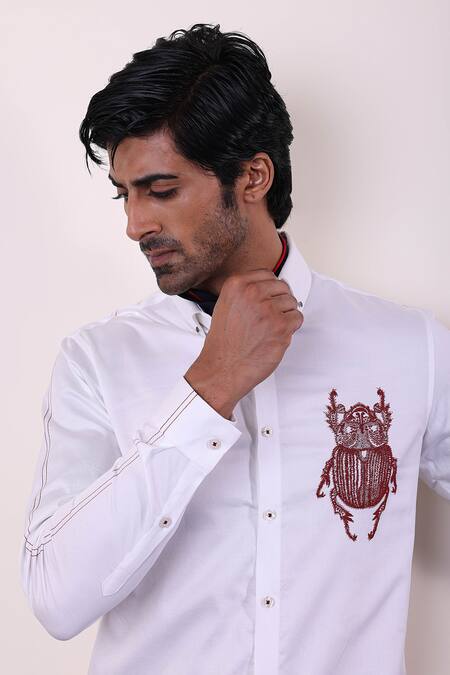 Shop_Abkasa_White Cotton Satin Embroidery Beetle Shirt _Online_at_Aza_Fashions