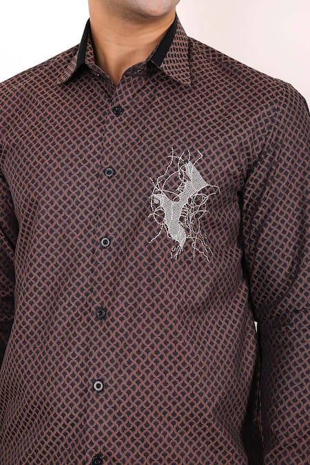 Buy_Abkasa_Brown Cotton Satin Embroidery Geometric Pattern Shirt _Online_at_Aza_Fashions
