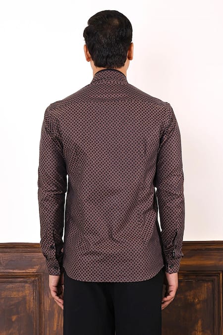 Shop_Abkasa_Brown Cotton Satin Embroidery Geometric Pattern Shirt _at_Aza_Fashions