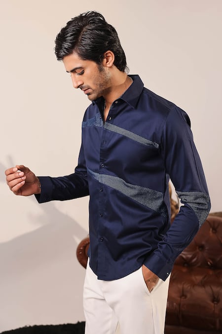 Buy_Abkasa_Blue Cotton Satin Navy Woven Abstract Pattern Shirt _Online_at_Aza_Fashions