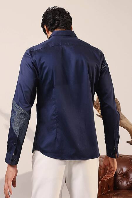 Shop_Abkasa_Blue Cotton Satin Navy Woven Abstract Pattern Shirt _Online_at_Aza_Fashions