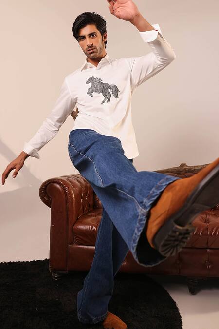 Abkasa_White Cotton Satin Embroidery Hand Horse Motif Shirt _Online_at_Aza_Fashions