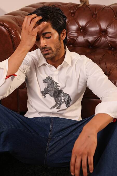 Shop_Abkasa_White Cotton Satin Embroidery Hand Horse Motif Shirt _Online_at_Aza_Fashions