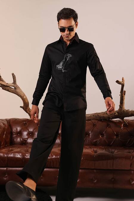 Abkasa Black Cotton Satin Embroidery Hand Bird Motif Shirt Online at Aza Fashions Abkasa_Black Cotton Satin Embroidery Hand Bird Motif Shirt _Online_at_Aza_Fashions