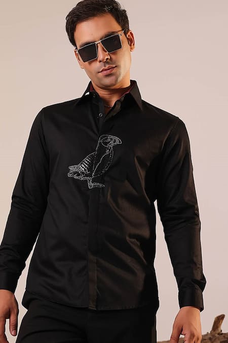 Buy Abkasa Black Cotton Satin Embroidery Hand Bird Motif Shirt Online at Aza Fashions Buy_Abkasa_Black Cotton Satin Embroidery Hand Bird Motif Shirt _Online_at_Aza_Fashions