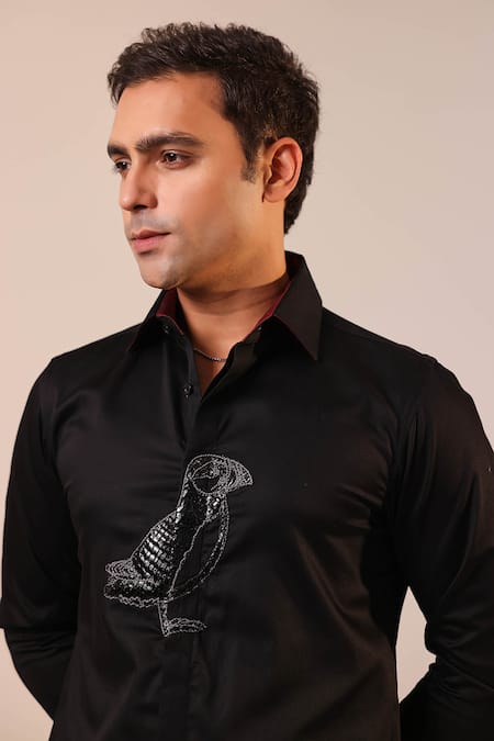 Shop Abkasa Black Cotton Satin Embroidery Hand Bird Motif Shirt Online at Aza Fashions Shop_Abkasa_Black Cotton Satin Embroidery Hand Bird Motif Shirt _Online_at_Aza_Fashions
