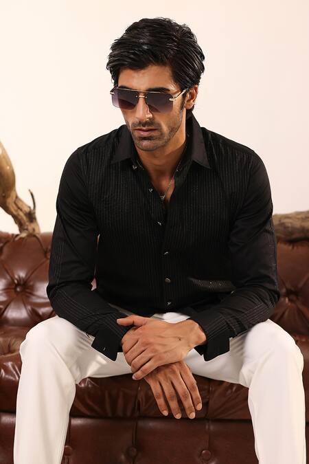Buy_Abkasa_Black Cotton Satin Embroidery Running Stitch Detailed Shirt _Online_at_Aza_Fashions