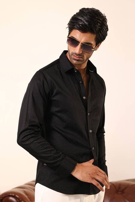 Shop_Abkasa_Black Cotton Satin Embroidery Running Stitch Detailed Shirt _Online_at_Aza_Fashions