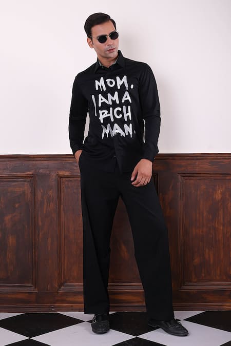 Abkasa_Black Cotton Satin Embroidery Thread Proclamation Shirt _Online_at_Aza_Fashions