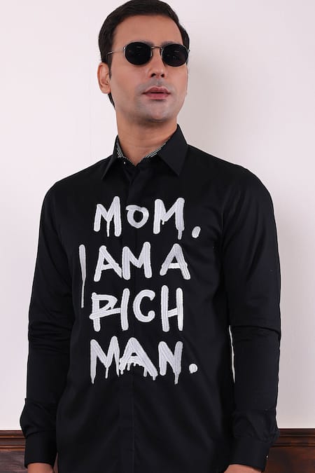 Buy_Abkasa_Black Cotton Satin Embroidery Thread Proclamation Shirt _Online_at_Aza_Fashions