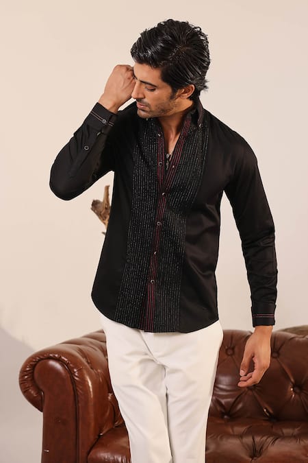 Abkasa_Black Cotton Satin Embroidery Running Stitch Detailed Shirt _Online_at_Aza_Fashions