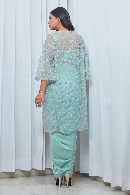 Shop Saaj By Ankita Blue Satin Stones, Embroidery, Metallic Thread Square Bead Jacket Skirt Set at Aza Fashions Shop_Saaj By Ankita_Blue Satin Stones, Embroidery, Metallic Thread Square Bead Jacket Skirt Set _at_Aza_Fashions