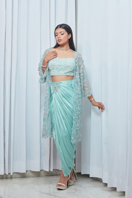 Saaj By Ankita Blue Satin Stones, Embroidery, Metallic Thread Square Bead Jacket Skirt Set Online at Aza Fashions Saaj By Ankita_Blue Satin Stones, Embroidery, Metallic Thread Square Bead Jacket Skirt Set _Online_at_Aza_Fashions