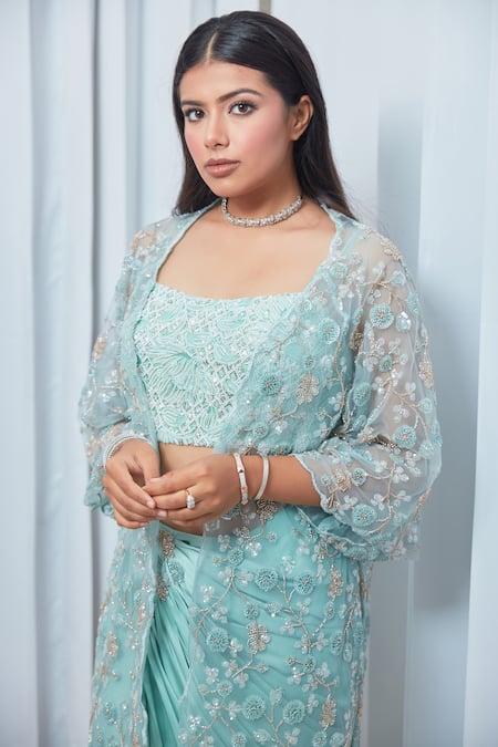 Buy Saaj By Ankita Blue Satin Stones, Embroidery, Metallic Thread Square Bead Jacket Skirt Set Online at Aza Fashions Buy_Saaj By Ankita_Blue Satin Stones, Embroidery, Metallic Thread Square Bead Jacket Skirt Set _Online_at_Aza_Fashions