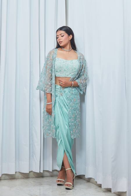 Shop Saaj By Ankita Blue Satin Stones, Embroidery, Metallic Thread Square Bead Jacket Skirt Set Online at Aza Fashions Shop_Saaj By Ankita_Blue Satin Stones, Embroidery, Metallic Thread Square Bead Jacket Skirt Set _Online_at_Aza_Fashions