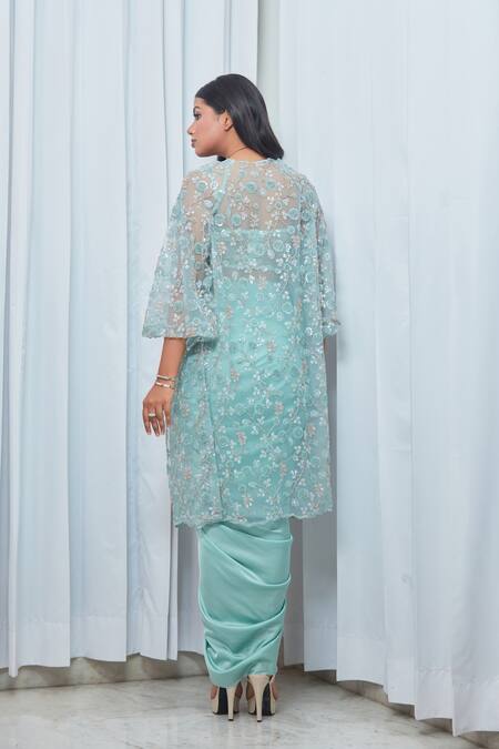 Saaj By Ankita Blue Satin Stones, Embroidery, Metallic Thread Square Bead Jacket Skirt Set at Aza Fashions Saaj By Ankita_Blue Satin Stones, Embroidery, Metallic Thread Square Bead Jacket Skirt Set _at_Aza_Fashions