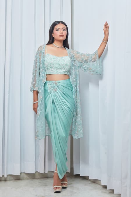 Buy Saaj By Ankita Blue Satin Stones, Embroidery, Metallic Thread Square Bead Jacket Skirt Set Buy_Saaj By Ankita_Blue Satin Stones, Embroidery, Metallic Thread Square Bead Jacket Skirt Set