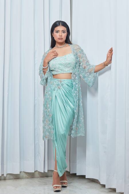 Shop Saaj By Ankita Blue Satin Stones, Embroidery, Metallic Thread Square Bead Jacket Skirt Set Shop_Saaj By Ankita_Blue Satin Stones, Embroidery, Metallic Thread Square Bead Jacket Skirt Set