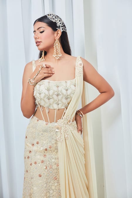 Buy Saaj By Ankita Yellow Georgette Sequins, Pearls Square Neck Embroidered Saree Gown Online at Aza Fashions Buy_Saaj By Ankita_Yellow Georgette Sequins, Pearls Square Neck Embroidered Saree Gown _Online_at_Aza_Fashions