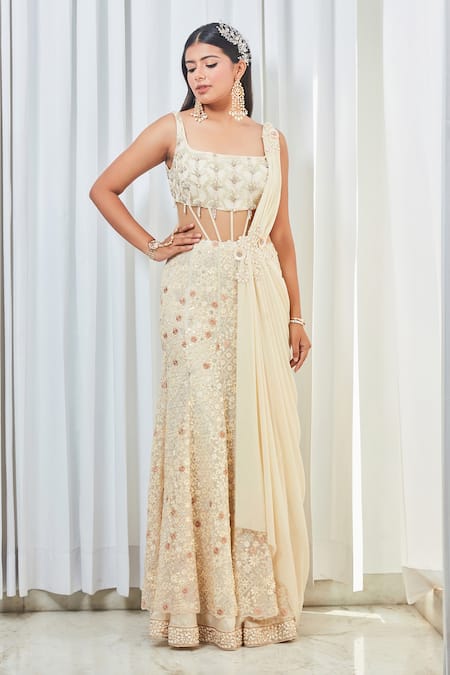 Saaj By Ankita Embroidered Yellow Saree Gown 