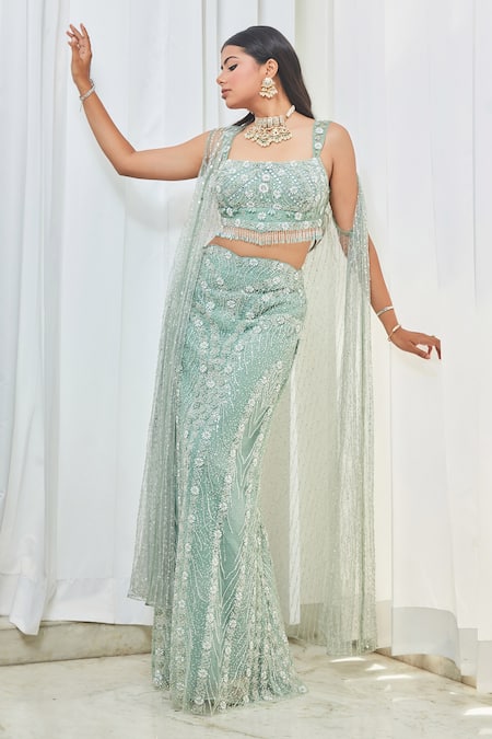 Saaj By Ankita Blue Tulle Pearls, Crystals, Cut Work Square Embroidered Jacket And Skirt Set Online at Aza Fashions Saaj By Ankita_Blue Tulle Pearls, Crystals, Cut Work Square Embroidered Jacket And Skirt Set _Online_at_Aza_Fashions