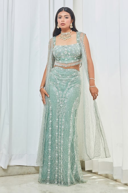 Buy Saaj By Ankita Blue Tulle Pearls, Crystals, Cut Work Square Embroidered Jacket And Skirt Set Online at Aza Fashions Buy_Saaj By Ankita_Blue Tulle Pearls, Crystals, Cut Work Square Embroidered Jacket And Skirt Set _Online_at_Aza_Fashions