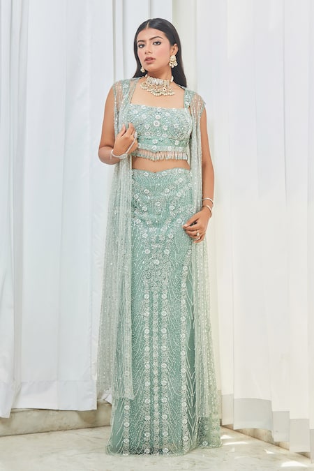 Shop Saaj By Ankita Blue Tulle Pearls, Crystals, Cut Work Square Embroidered Jacket And Skirt Set Online at Aza Fashions Shop_Saaj By Ankita_Blue Tulle Pearls, Crystals, Cut Work Square Embroidered Jacket And Skirt Set _Online_at_Aza_Fashions