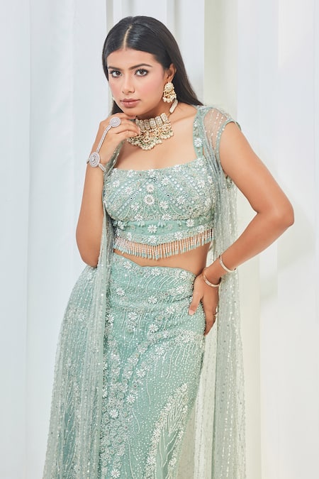 Saaj By Ankita Blue Tulle Pearls, Crystals, Cut Work Square Embroidered Jacket And Skirt Set at Aza Fashions Saaj By Ankita_Blue Tulle Pearls, Crystals, Cut Work Square Embroidered Jacket And Skirt Set _at_Aza_Fashions