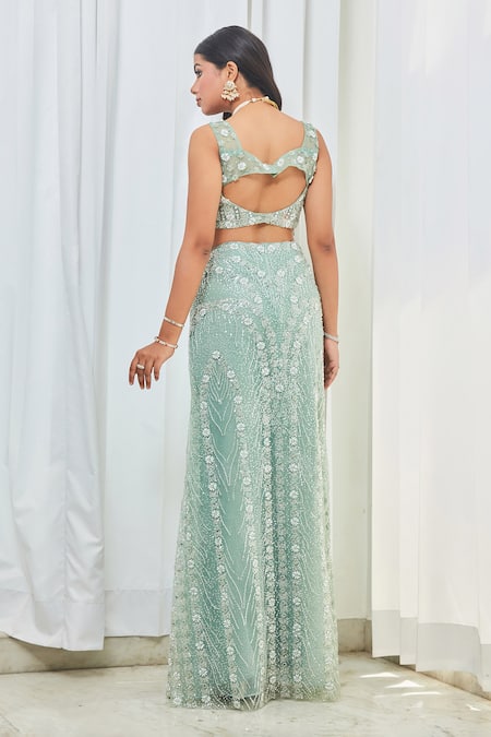 Shop Saaj By Ankita Blue Tulle Pearls, Crystals, Cut Work Square Embroidered Jacket And Skirt Set at Aza Fashions Shop_Saaj By Ankita_Blue Tulle Pearls, Crystals, Cut Work Square Embroidered Jacket And Skirt Set _at_Aza_Fashions