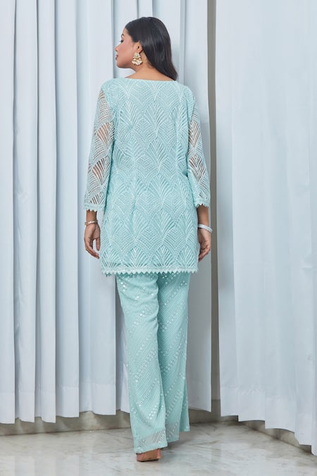 Shop Saaj By Ankita Blue Georgette Embroidery, Cut Work, Diamonds V-neck Cutwork Tunic And Pant Set at Aza Fashions Shop_Saaj By Ankita_Blue Georgette Embroidery, Cut Work, Diamonds V-neck Cutwork Tunic And Pant Set _at_Aza_Fashions
