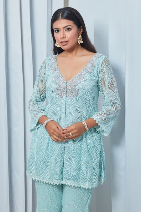 Saaj By Ankita Blue Georgette Embroidery, Cut Work, Diamonds V-neck Cutwork Tunic And Pant Set Online at Aza Fashions Saaj By Ankita_Blue Georgette Embroidery, Cut Work, Diamonds V-neck Cutwork Tunic And Pant Set _Online_at_Aza_Fashions