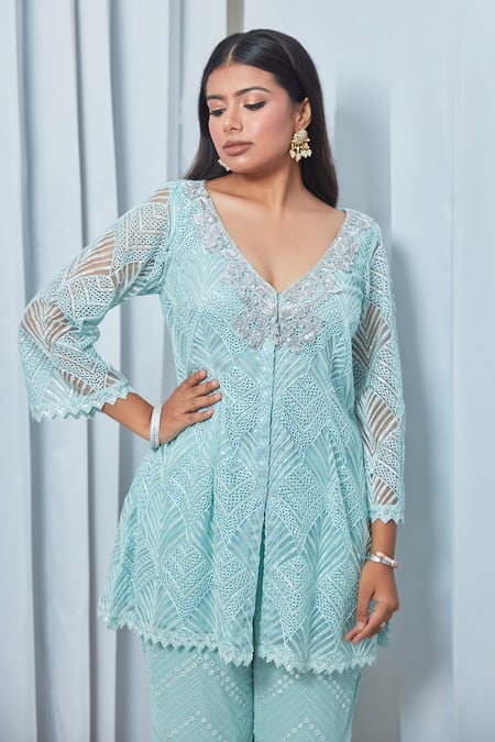 Buy Saaj By Ankita Blue Georgette Embroidery, Cut Work, Diamonds V-neck Cutwork Tunic And Pant Set Online at Aza Fashions Buy_Saaj By Ankita_Blue Georgette Embroidery, Cut Work, Diamonds V-neck Cutwork Tunic And Pant Set _Online_at_Aza_Fashions