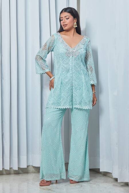 Shop Saaj By Ankita Blue Georgette Embroidery, Cut Work, Diamonds V-neck Cutwork Tunic And Pant Set Online at Aza Fashions Shop_Saaj By Ankita_Blue Georgette Embroidery, Cut Work, Diamonds V-neck Cutwork Tunic And Pant Set _Online_at_Aza_Fashions