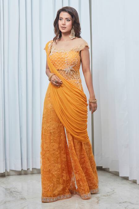 Saaj By Ankita_Yellow Georgette Sequins Asymmetric Cutwork Embroidered Jumpsuit Saree _Online_at_Aza_Fashions