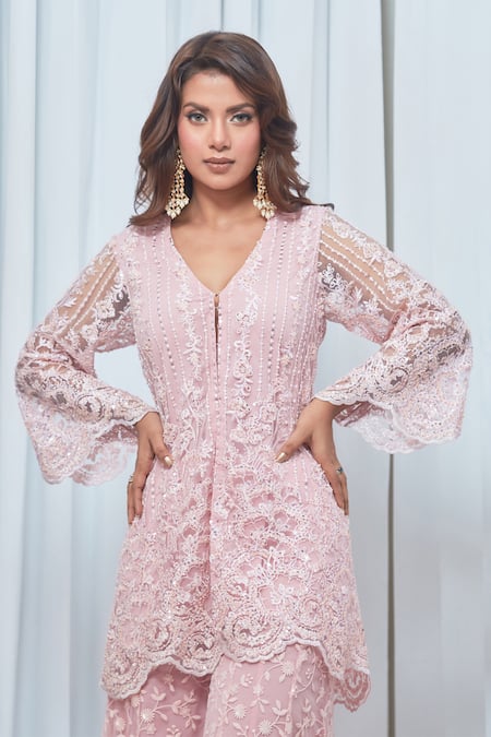 Buy_Saaj By Ankita_Pink Tulle, Lace Sequins, Embroidery V-neck Tunic And Sharara Set_Online_at_Aza_Fashions