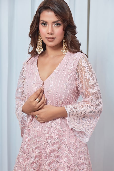 Saaj By Ankita_Pink Tulle, Lace Sequins, Embroidery V-neck Tunic And Sharara Set_at_Aza_Fashions