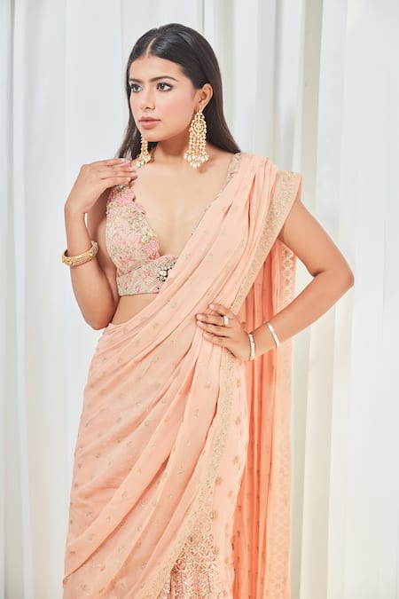 Buy_Saaj By Ankita_Peach Georgette Mirrors, Embroidery Plunge Neck And Thread Saree Set _Online_at_Aza_Fashions