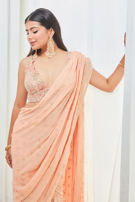 Shop_Saaj By Ankita_Peach Georgette Mirrors, Embroidery Plunge Neck And Thread Saree Set _Online_at_Aza_Fashions
