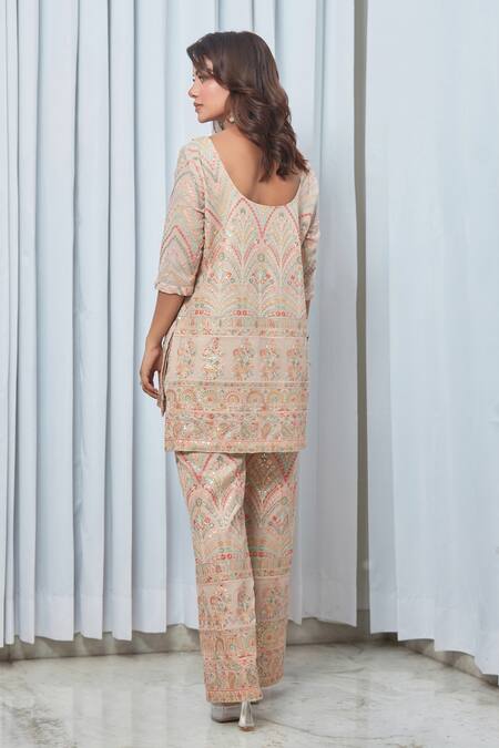 Shop Saaj By Ankita Beige Georgette Embroidery Round Neck Floral Tunic And Pant Set at Aza Fashions Shop_Saaj By Ankita_Beige Georgette Embroidery Round Neck Floral Tunic And Pant Set_at_Aza_Fashions