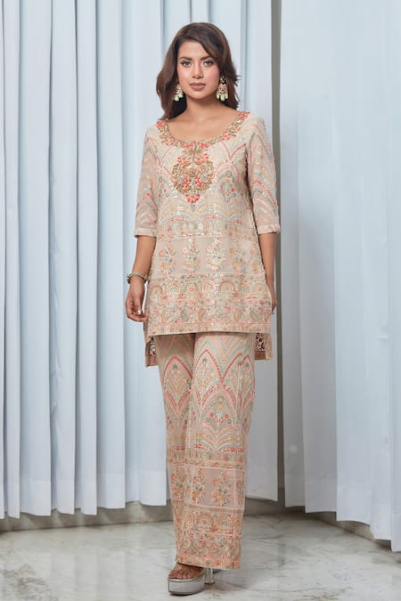 Saaj By Ankita Beige Georgette Embroidery Round Neck Floral Tunic And Pant Set Online at Aza Fashions Saaj By Ankita_Beige Georgette Embroidery Round Neck Floral Tunic And Pant Set_Online_at_Aza_Fashions